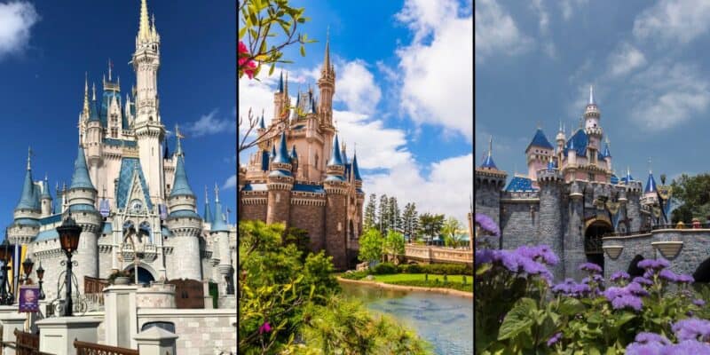 The far left image is the Magic Kingdom castle from Walt Disney World Resort, in the center is the castle located inside Tokyo Disneyland, and the far right image is the Disneyland castle in California