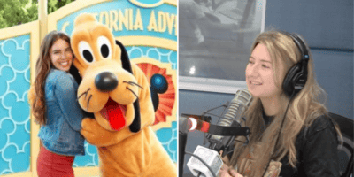 Left: An adult Disney guest hugs Pluto. Right: Radio host Abby Murphy discussing Disney Adults.