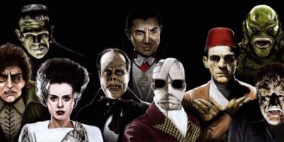 An artist rendering of all the classic Universal monsters from their original films in one photo together.
