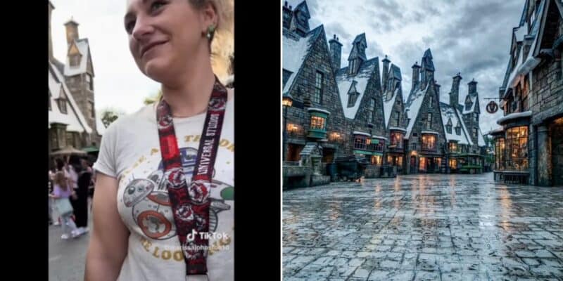 Left: a woman was caught cheating on her husband inside of Hogsmeade at Islands of Adventure. Right: an empty Hogsmeade inside the Wizarding World of Harry Potter at Universal Orlando Resort