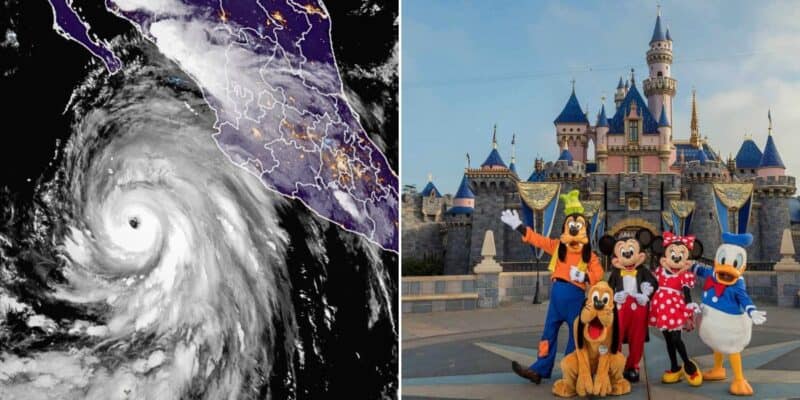 Left image: Hurricane Hilary on approach to Southern California, Disneyland Resort Right image: Donald, Goofy, Minnie Mouse, Pluto, and Mickey Mouse in front of Sleeping Beauty Castle