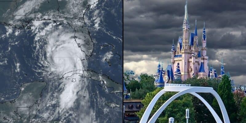 on the left: a photo of hurricane idalia as it heads towards Florida. on the right: a photo of a cloudy and stormy day inside Magic Kingdom at Disney World