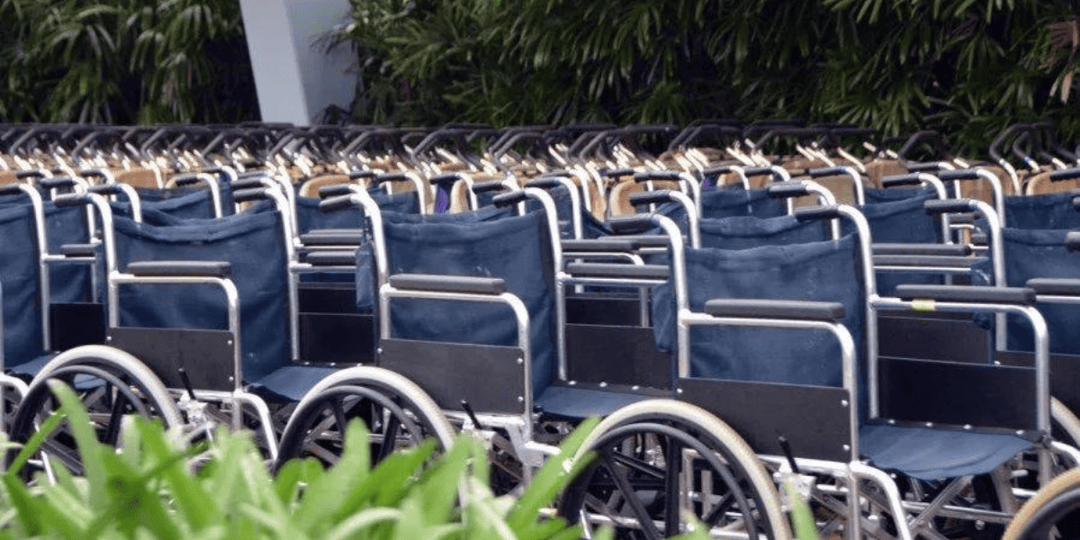 An array of empty wheelchairs parked outdoors in a row, featuring metal frames and blue fabric seats, with greenery in the background, illustrating accessibility around the Disney World parks.