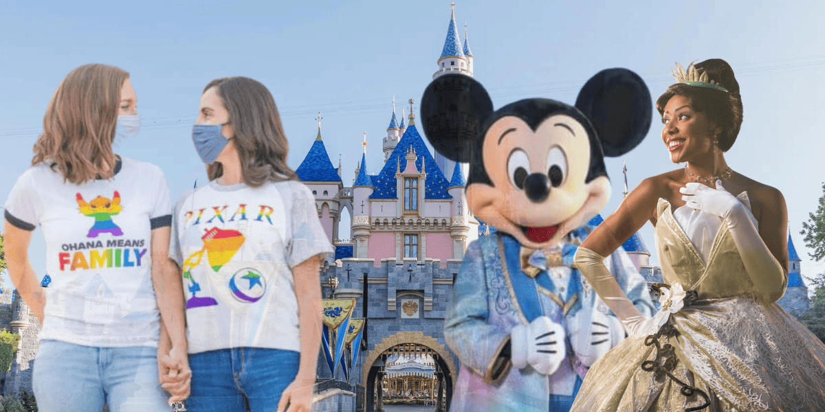 Two women hold hands, Mickey Mouse smiles, Princess Tiana poses - all edited in front of Sleeping Beauty Castle.
