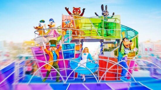 Donald, Daisy, Nick Wilde, Judy Hopps, the Mad Hatter, Alice and Goofy aboard the Dream... and Shine Brighter parade float at Disneyland Paris