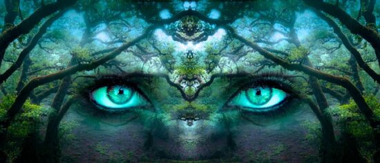 Surreal image to represent how perception can impact Disney stock through eyes and a kaleidoscope effect 
