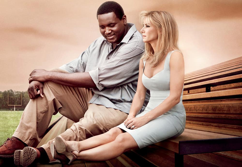 Actors Quinton Aaron and Sandra Bullock sitting down during a scene on the set of 'The Blind Side' in 2009.