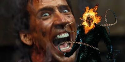 Nicolas Cage looking unhinged/laughing maniacally while burning up in Ghost Rider (2007) (on left), with fully formed Ghost Rider (right)