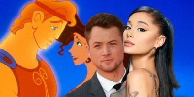 (left to right) animated Hercules and Megara, Taron Egerton and Ariana Grande