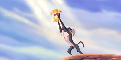 Simba being held up by Rafiki at Pride Rock from the beginning of 'The Lion King'