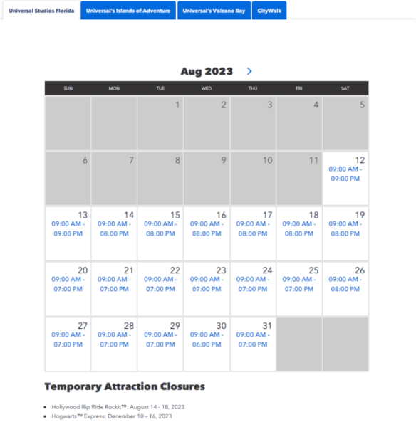Screenshot from Universal Orlando Resort's Park hours calendar, stating that Hogwarts Express is scheduled for a temporary closure from December 10 through December 16, 2023