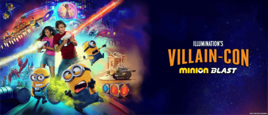 Guests holding blasters on the new 'Minions' attraction, Illumination’s Villain-Con Minion Blast at Universal Studios Florida