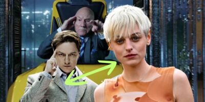 (left to right) X-Men's Charles Xavier/Professor X James McAvoy, Patrick Stewart, Emma Corrin