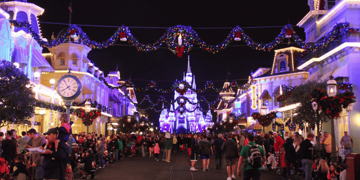 A large crowd pictured at Mickey's Very Merry Christmas Party at Disney World