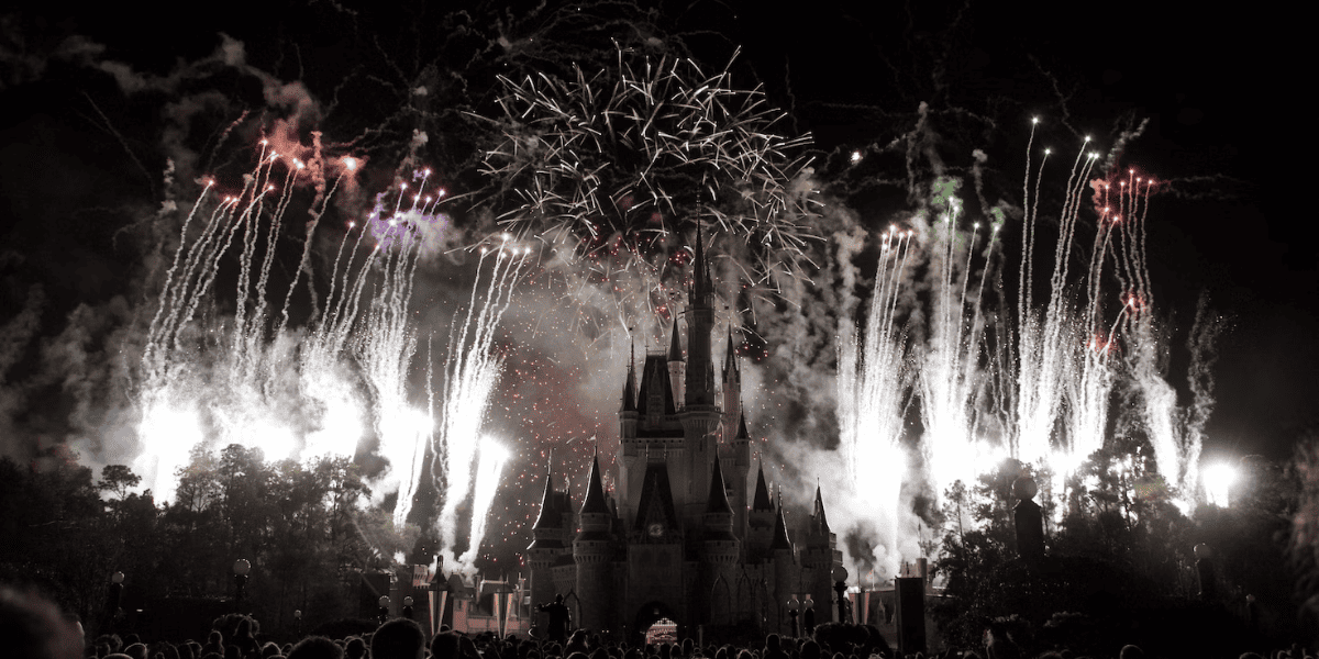 Crowd pictured at Disney World watching fireworks up above
