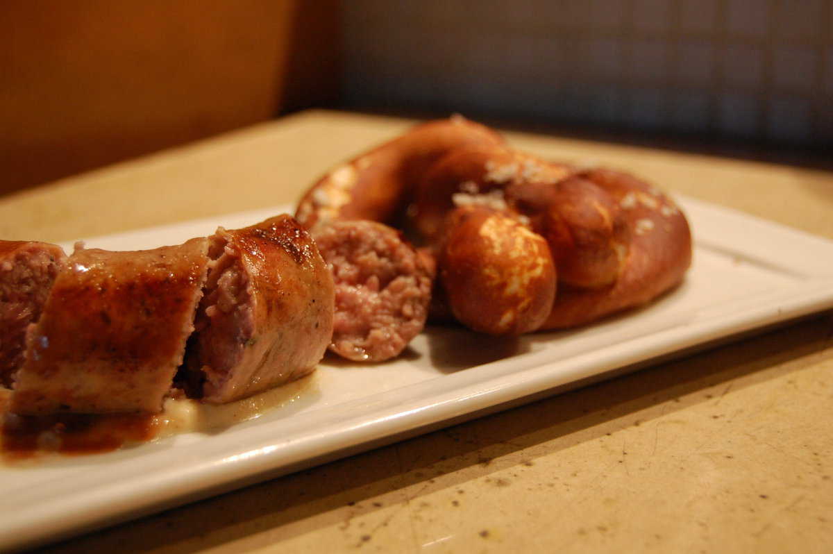 German holiday market's bratwurst and pretzels