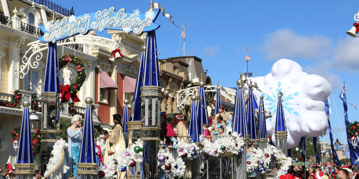 Disney World holiday decorations pictured at a Disney holiday parade