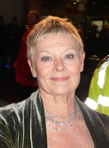 Actress Judi Dench smiling for the camera while wearing a green-ish silk garment, accessorized with a triple-layered necklace. 