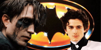 Timothee Chalamet and Robert Pattinson with The Batman logo in the back.