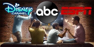 Disney Channel, ESPN, ABC logo with people watching tv