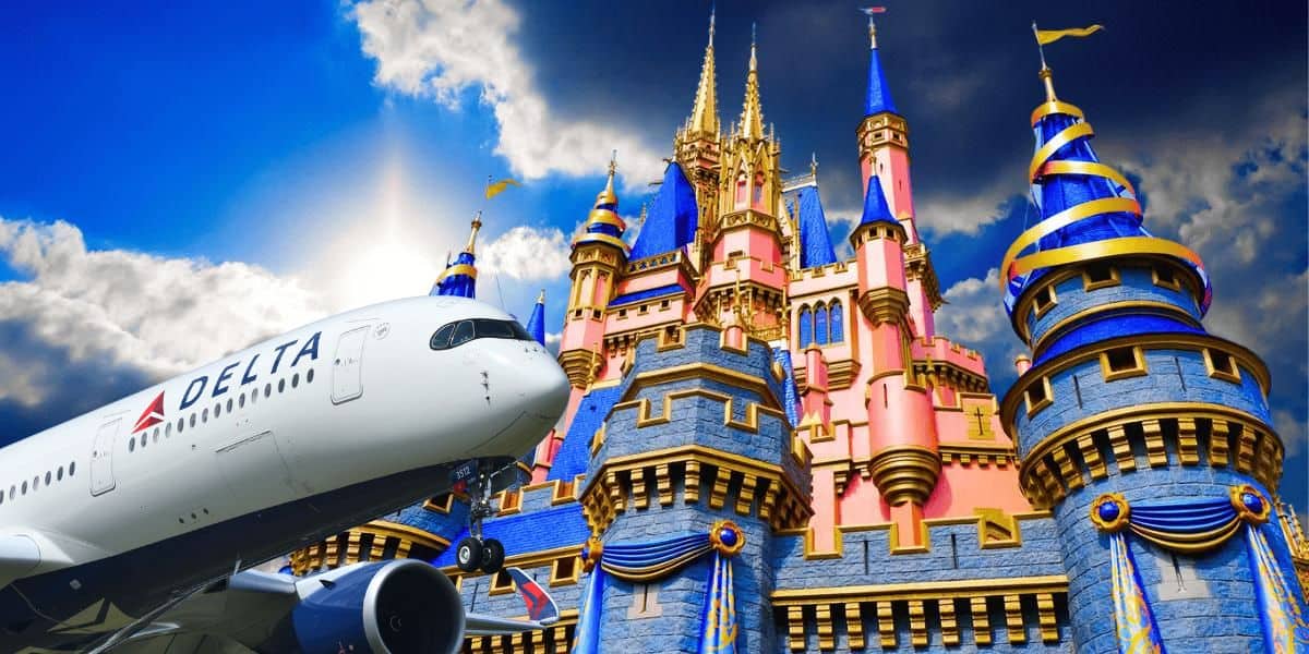A delta airline plane flying past a colorful, fantastical castle with towering spires under a dramatic sky with puffy clouds.