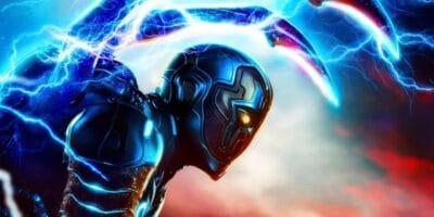 Side view of Blue Beetle on a poster for the movie