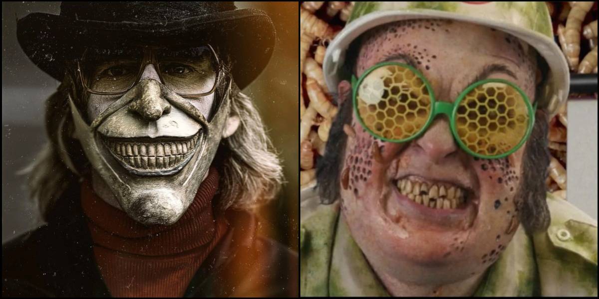 The Grabber wearing a hat, glasses, and scarf from Black Phone, Larry Larva grinning grossly