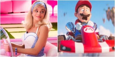Barbie looking back in her pink car, Mario screaming while falling in his kart