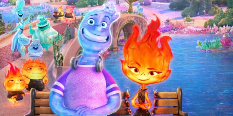 Ember and Wade from Elemental sitting on a bench as their families walk behind them