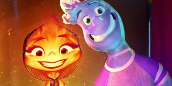 Wade and Ember from Elemental smiling together