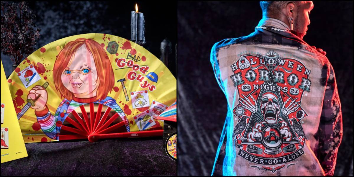 A Child's PLay fan with Chucky grinning, a man in a Horror Nights longsleeve