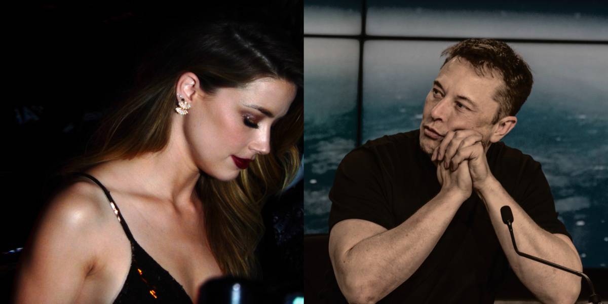 Amber Heard looking down on a dark background, Elon Musk looking to his right during a press conference