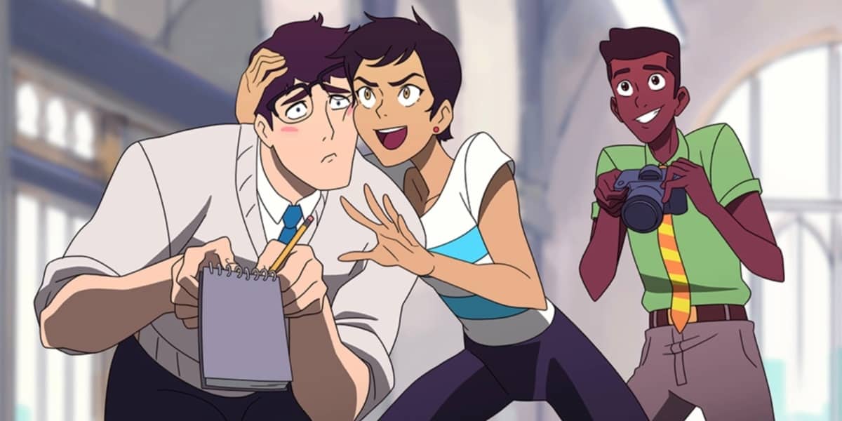 Lois Lane grabbing Clark Kent with Jimmy Olsen smiling