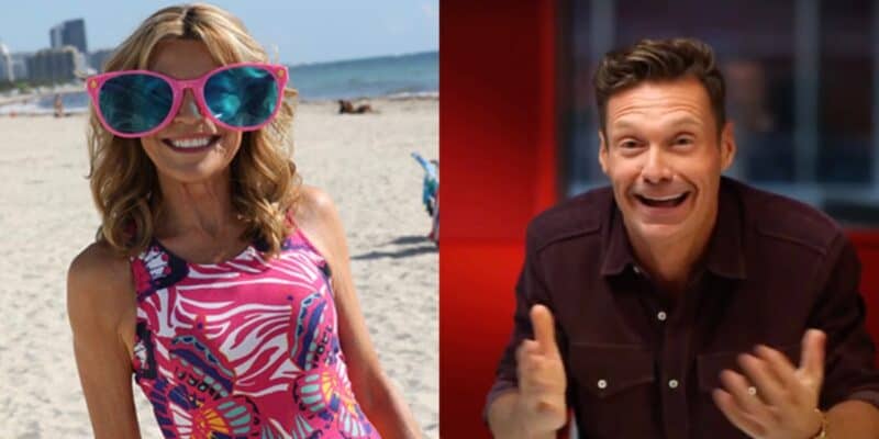 Vanna White on the beach in a pink bathing suit and big pink sunglasses, Ryan Seacrest excited on the Today show