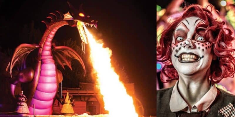 Maleficent dragon breathing fire during Fantasmic, a creepy clown smiling at Knott's Scary Farm