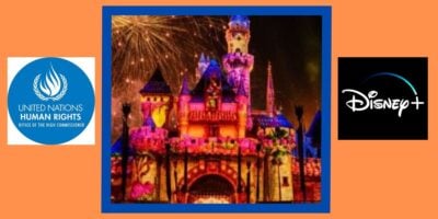 Disney human rights regulations and their implications, UN stamp left, castle center, Disney logo right, orange background