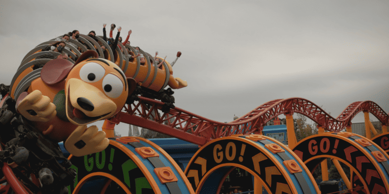 Toy story themed roller coaster with Disney guests pictured at Disney World