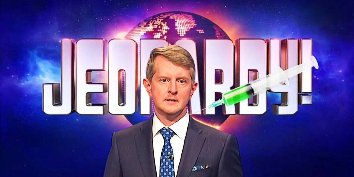 Jeopardy and Ken Jennings with a vaccine needle