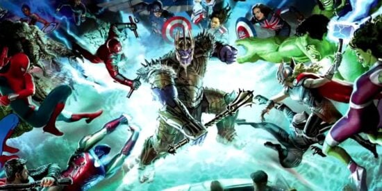 King Thanos surrounded by the Avengers