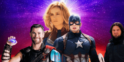 Captain Marvel, Captain America, Winter Soldier and Thor with The Marvels backdrop
