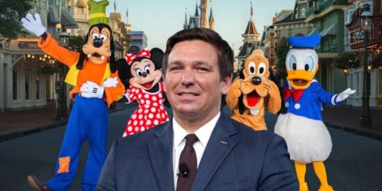 Ron DeSantis surrounded by Disney characters