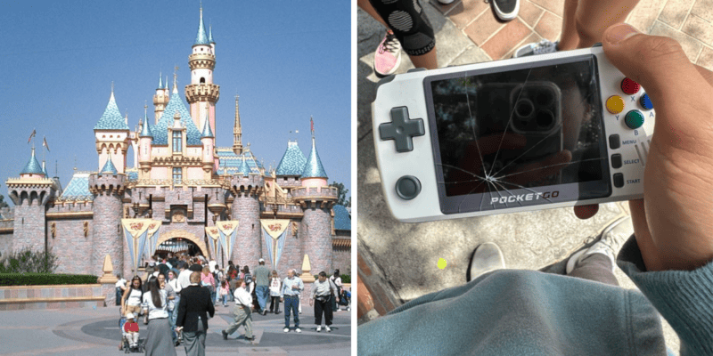 Left: Guests walking in front of Disneyland's Sleeping Beauty Castle. Right: Someone holding a handheld gaming device; the screen was broken by Disneyland security.