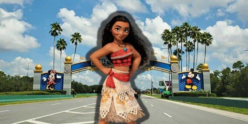 Moana standing in front of the entrance sign to Walt Disney World Resort
