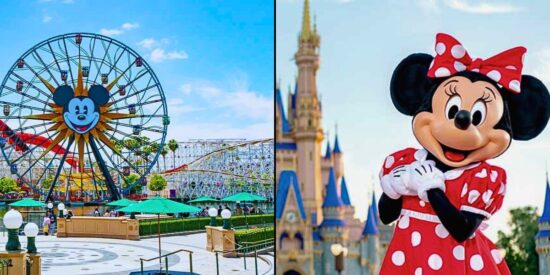 Disneyland and Disney World Resorts, ferris wheel left, Minnie right