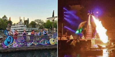 Left image: A band playing New Orleans music on a float inside DIsneyland Park Right image: The Maleficent Dragon breathing fire out onto a stage in Disneyland