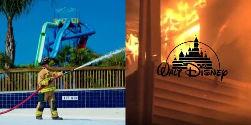 Disney firefighters got perks stripped, left firefighter with hose, right is fire with Disney logo