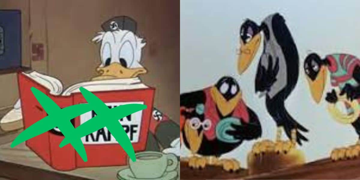 Donald Duck left, reading manifesto (title censored) with crows on the right to show Disney "blackface" trends