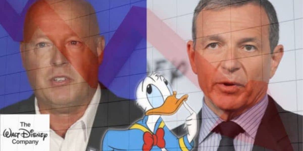 Bob Chapek and Bob Iger as Disney stock pictured in front of them with Donald Duck