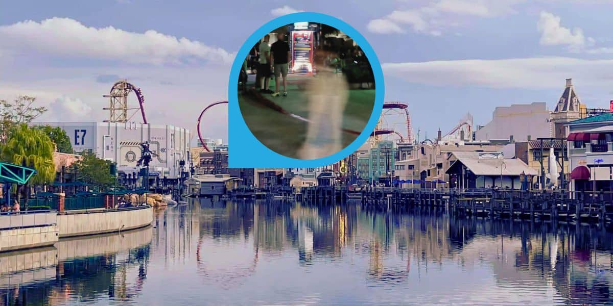 Universal Studios Florida with a photo frame allegedly showing a ghost captured on camera