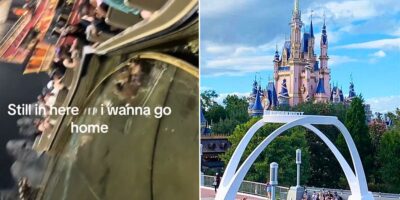 Disney World Pirates attraction guest stuck with the Magic Kingdom castle on to the right